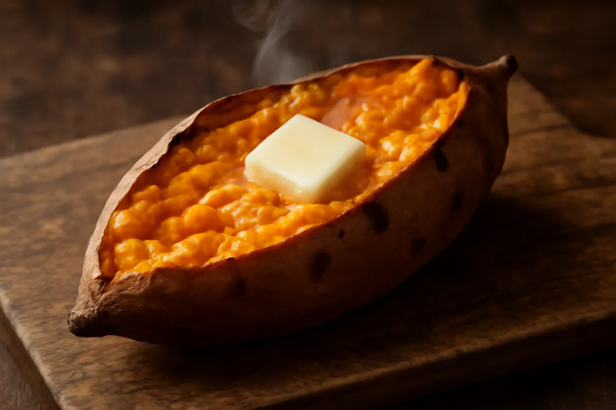 A whole baked sweet potato sliced open lengthwise on a dark wooden board, its vivid orange flesh mashed with a pat of butter melting on top and light steam rising