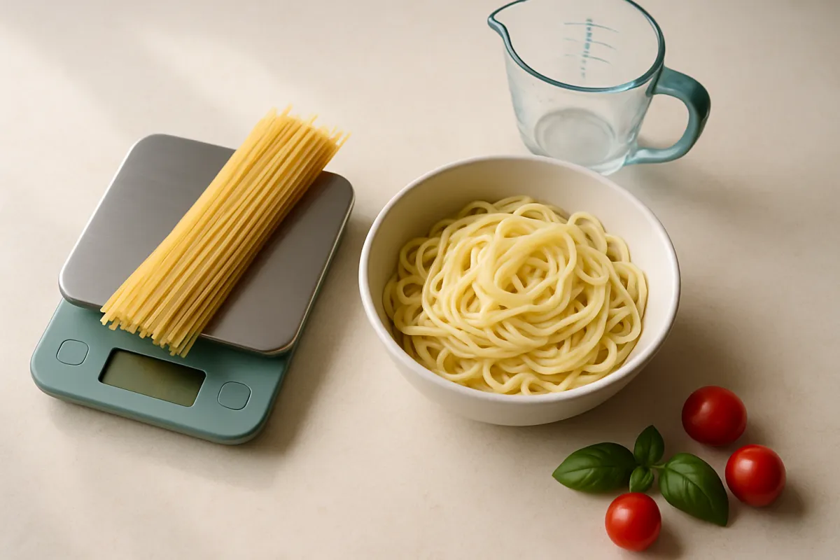 A digital kitchen scale on a pale counter holding a bundle of dry long pasta strands, beside a white bowl of cooked pasta, an empty glass measuring cup, three small red tomatoes and a sprig of green leaves