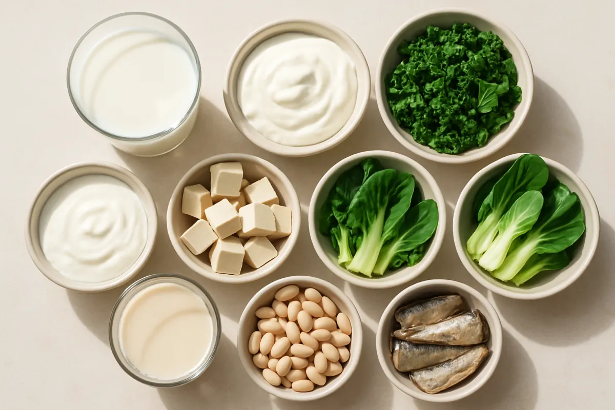 Two glasses and eight small pale bowls arranged on a cream surface and seen from above: a tall glass of opaque white liquid, a shorter glass of a paler cream-coloured liquid, two bowls of thick white liquid, a bowl of pale cream-coloured cubes, a bowl of chopped dark green leaves, two bowls of leafy greens with pale stems, a bowl of small pale beans and a bowl of small silvery fish