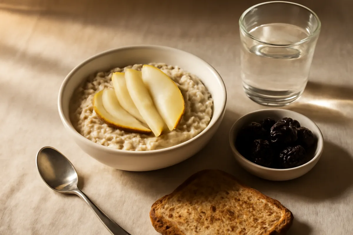 A bowl of warm oatmeal topped with sliced pear next to a small dish of dried prunes, a slice of whole-grain toast, and a glass of water on a breakfast table