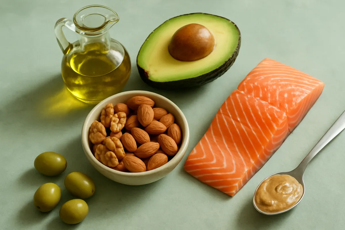 An overhead arrangement of fat-rich whole foods on a pale green surface: a small glass cruet of golden oil, half an avocado with the stone still in it, a bowl of walnuts and almonds, a raw salmon-coloured fish fillet, four green olives, and a spoon of pale nut butter