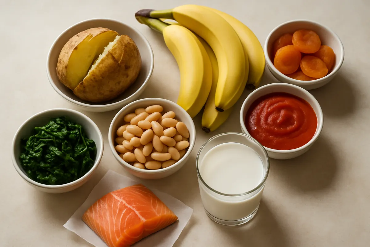 An overhead spread of potassium-rich foods in white bowls on a pale table: a split baked potato with its skin on, a bunch of yellow bananas, cooked white beans, wilted dark leafy greens, dried apricot halves, red tomato sauce, a glass of milk and a raw salmon fillet on parchment