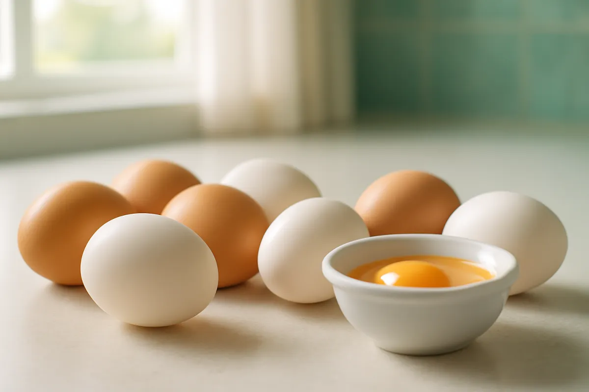 Fresh whole eggs on a light kitchen counter beside one cracked open to show a bright golden yolk