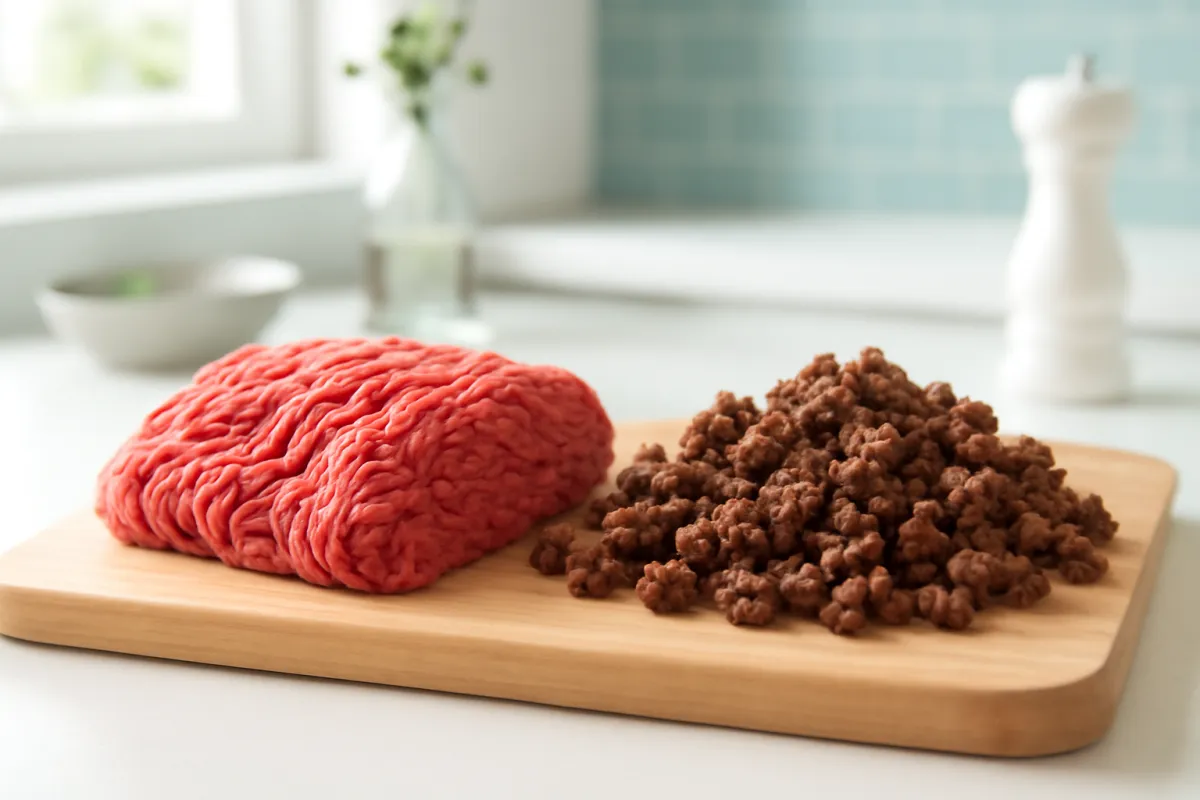Raw ground beef mince beside browned cooked ground beef on a light wooden cutting board in a bright clean kitchen