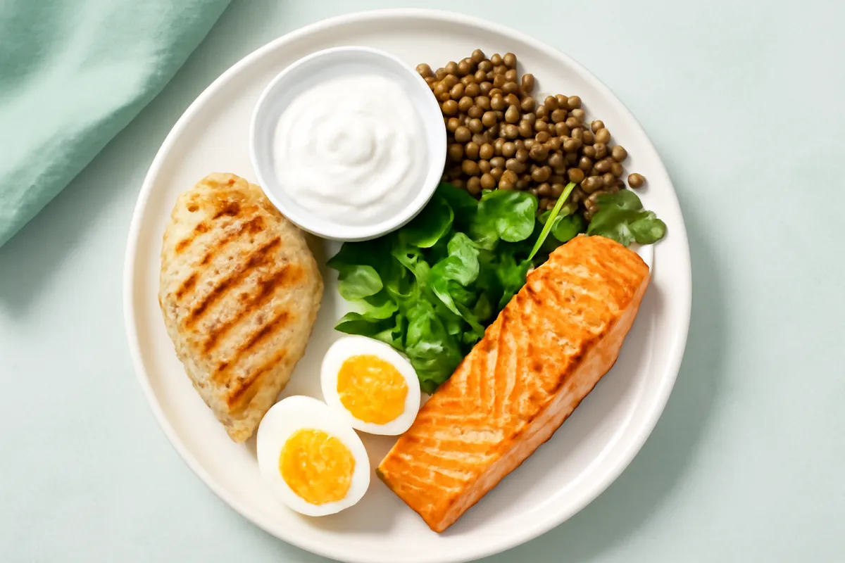 A balanced protein-rich meal of chicken, salmon, eggs, yogurt, lentils, and greens on a clean white plate