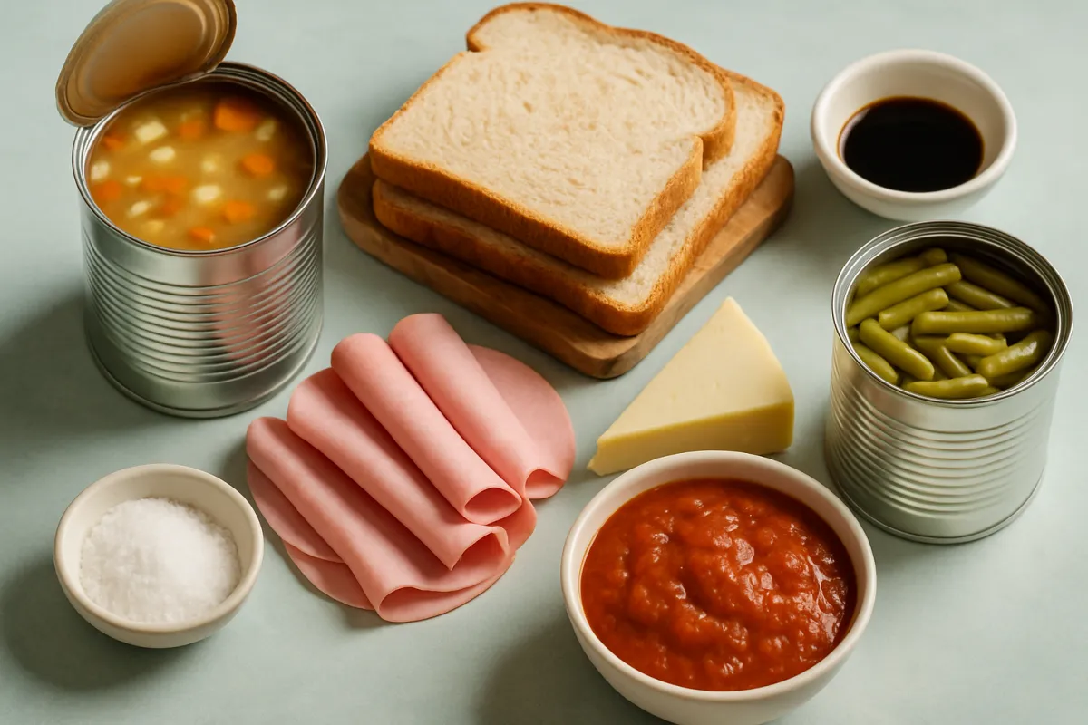 An overhead arrangement on a pale mint surface of an open can of vegetable soup, a stack of white sandwich bread slices on a wooden board, folded slices of pink deli meat, a wedge of pale yellow cheese, a small bowl of dark sauce, a bowl of red tomato sauce, an open can of green beans and a small bowl of coarse white salt
