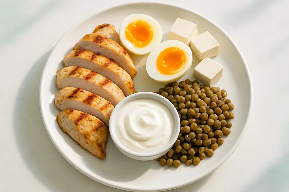 An overhead view of a clean white plate arranged with protein-rich whole foods: grilled chicken breast slices, soft-boiled eggs, a scoop of green peas or lentils, a small bowl of plain yogurt, and cubes of tofu on a bright light table