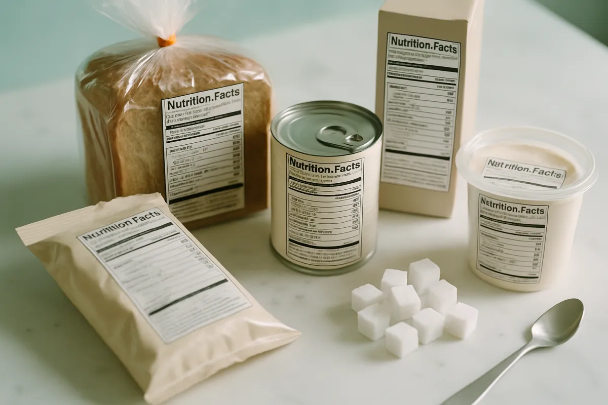 An overhead view on a bright kitchen counter of several packaged foods turned to show their nutrition panels next to a small pile of white sugar cubes and a teaspoon, calm and clean in soft teal natural light