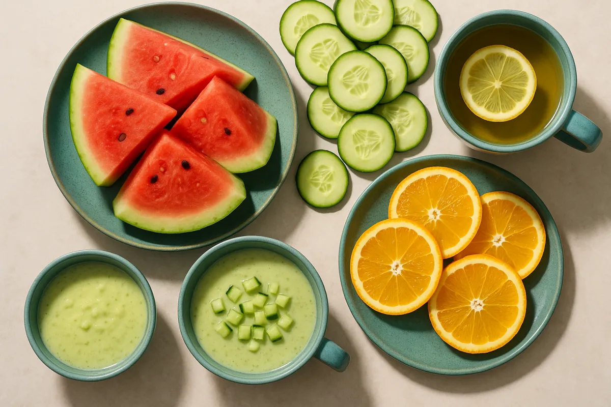 An overhead spread of water-rich whole foods on a light table: watermelon, cucumber slices, orange slices, a chilled soup, and a mug of tea