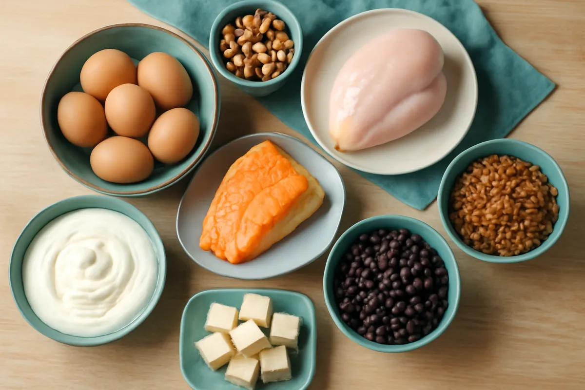 An overhead spread of protein-rich whole foods on a light table: eggs, chicken, salmon, yogurt, beans, lentils, tofu, and nuts