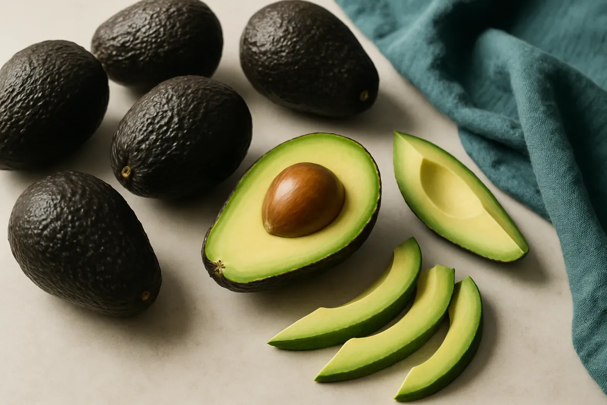 Five whole dark pebbly-skinned avocados on a pale surface beside one avocado cut in half with the pit still in it, a wedge, and three slices fanned out, with a teal cloth to the side