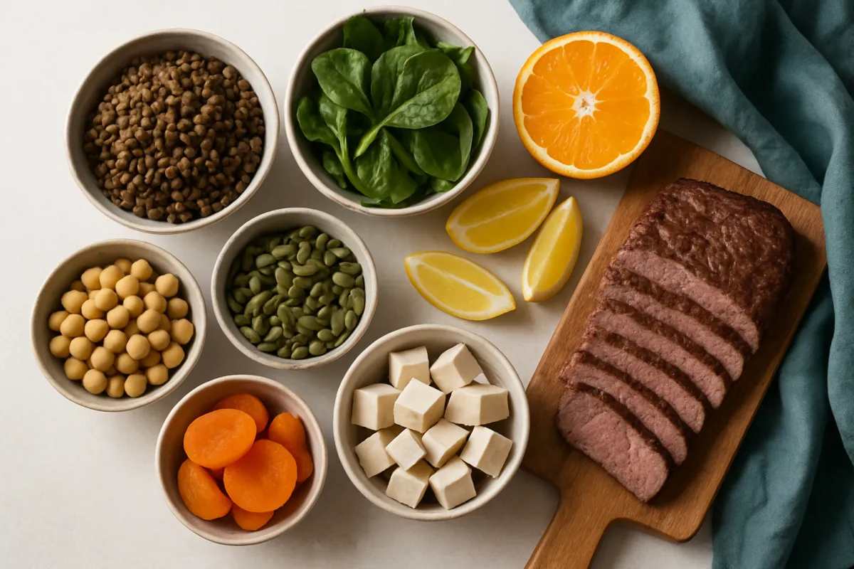 An overhead arrangement on a pale surface of six pale ceramic bowls holding small brown cooked lentils, dark green spinach leaves, round pale yellow chickpeas, flat green hulled pumpkin seeds, bright orange dried apricot halves, and cubed white tofu, beside a halved orange, three lemon wedges, and a sliced cooked brown meat joint on a wooden board with a teal cloth at the right edge