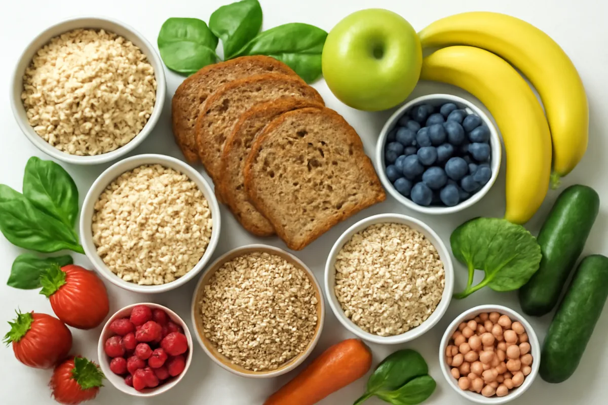An overhead spread of healthy whole-food carbohydrates on a light table: bowls of oats and other whole grains, whole grain bread, apples, bananas, berries, cucumber and carrot, and a bowl of chickpeas