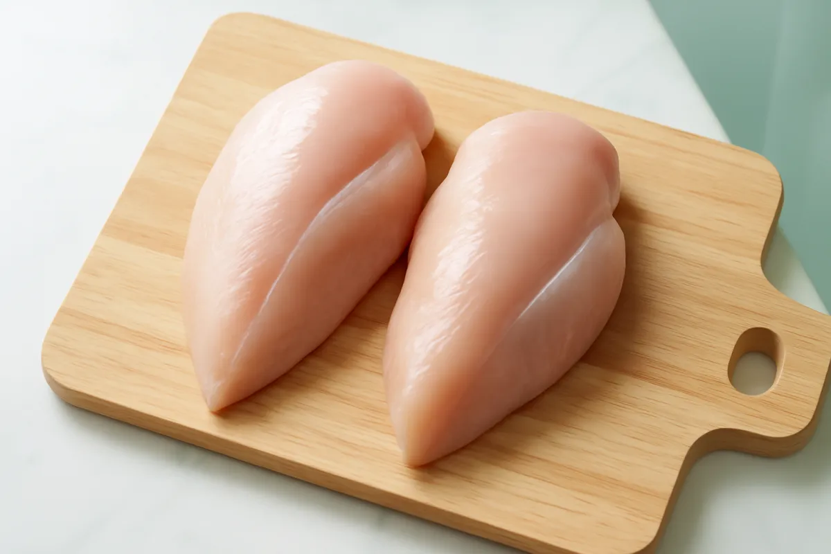 Two fresh skinless chicken breasts on a light wooden cutting board in a bright clean kitchen