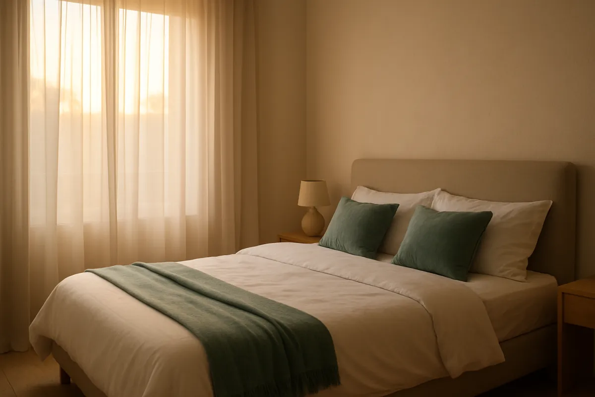 A calm bedroom at dawn with soft morning light and teal accent pillows on a neatly made bed