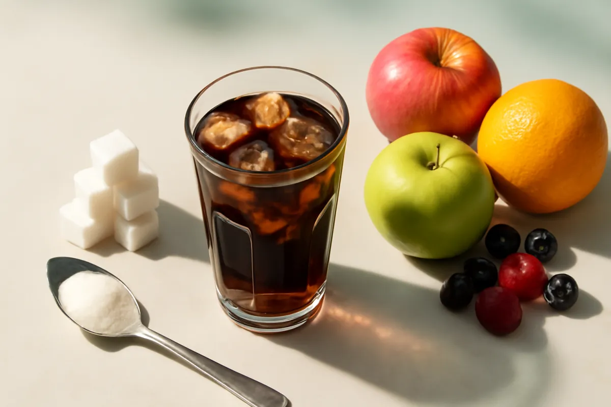 An overhead contrast on a light table: a stack of white sugar cubes and a tall glass of dark cola soda on one side, a cluster of fresh whole fruit on the other