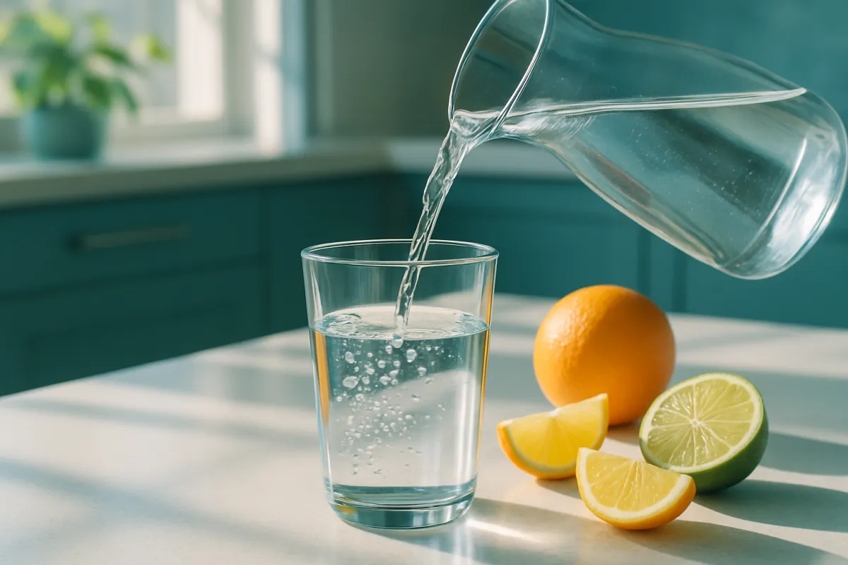 A glass of water being filled from a carafe on a bright kitchen counter