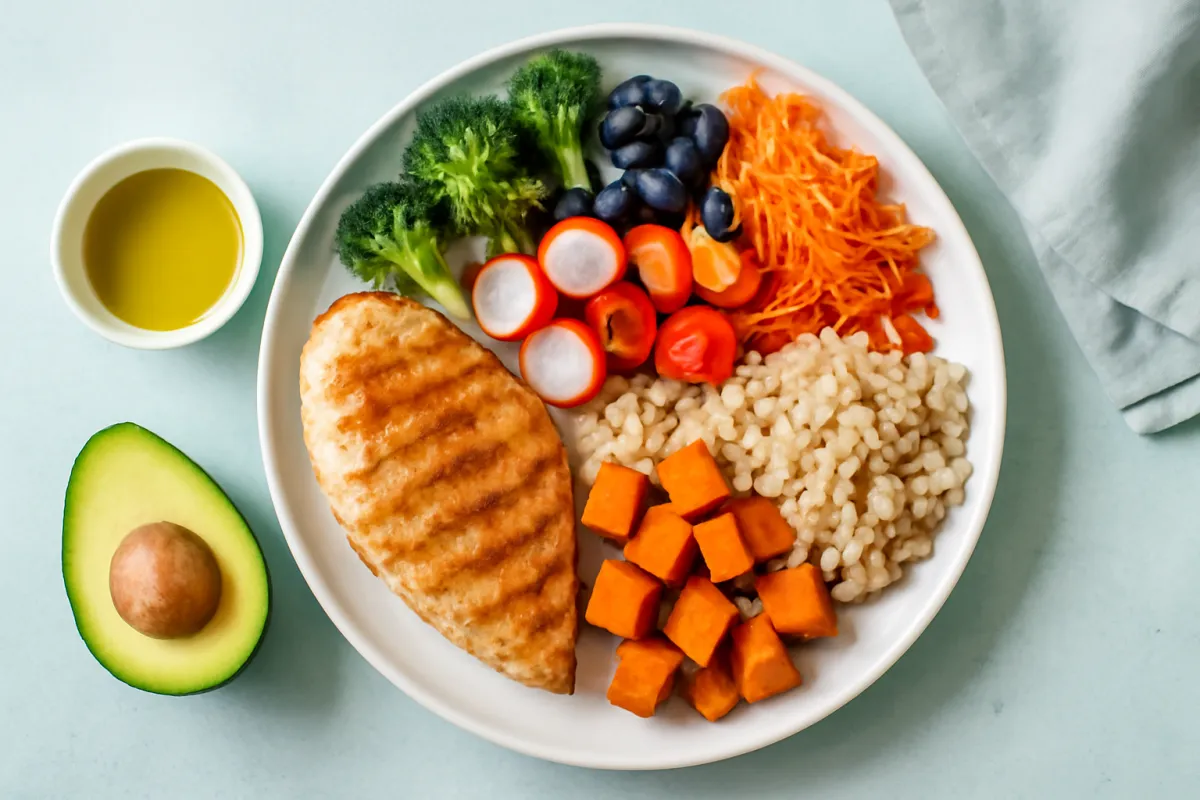 An overhead view of one colorful balanced dinner plate: half filled with roasted and raw vegetables and a little fruit, a quarter with grilled chicken, and a quarter with a whole grain and cubed sweet potato, with olive oil and avocado to the side