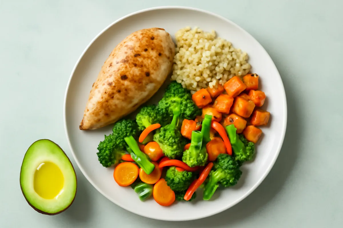 An overhead view of a single balanced dinner plate portioned into a palm of grilled chicken, a scoop of grain and cubed sweet potato, and a generous pile of colorful vegetables, with a halved avocado to the side