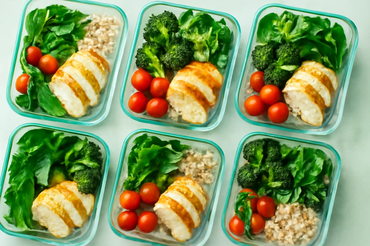 Several glass meal-prep containers on a clean kitchen counter, each filled with a balanced portion of grilled chicken, brown rice, broccoli, cherry tomatoes and leafy greens, in fresh natural daylight