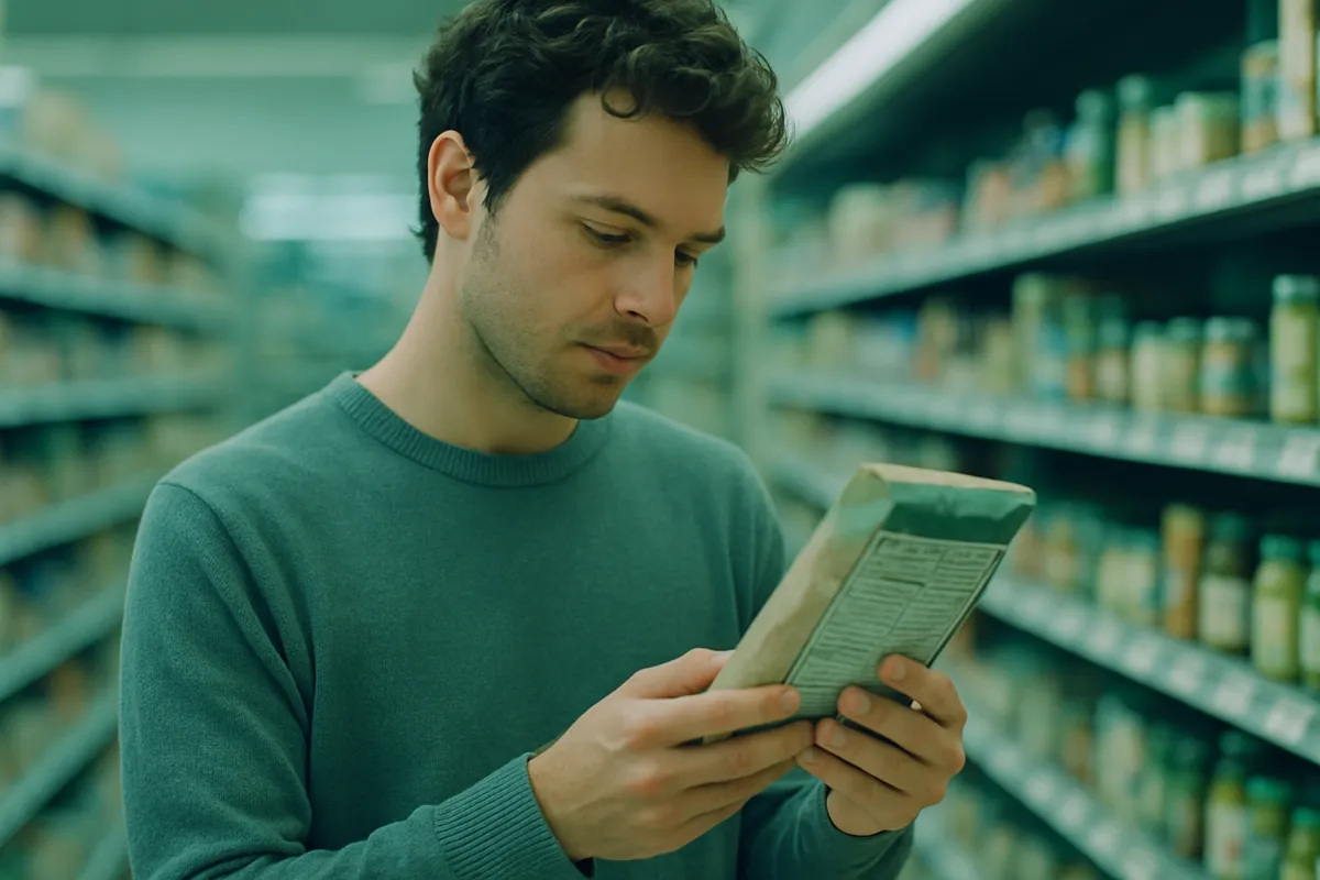 A person standing in a grocery store aisle holding a food package and reading the nutrition information printed on the back panel, calm and focused, in soft fresh natural light