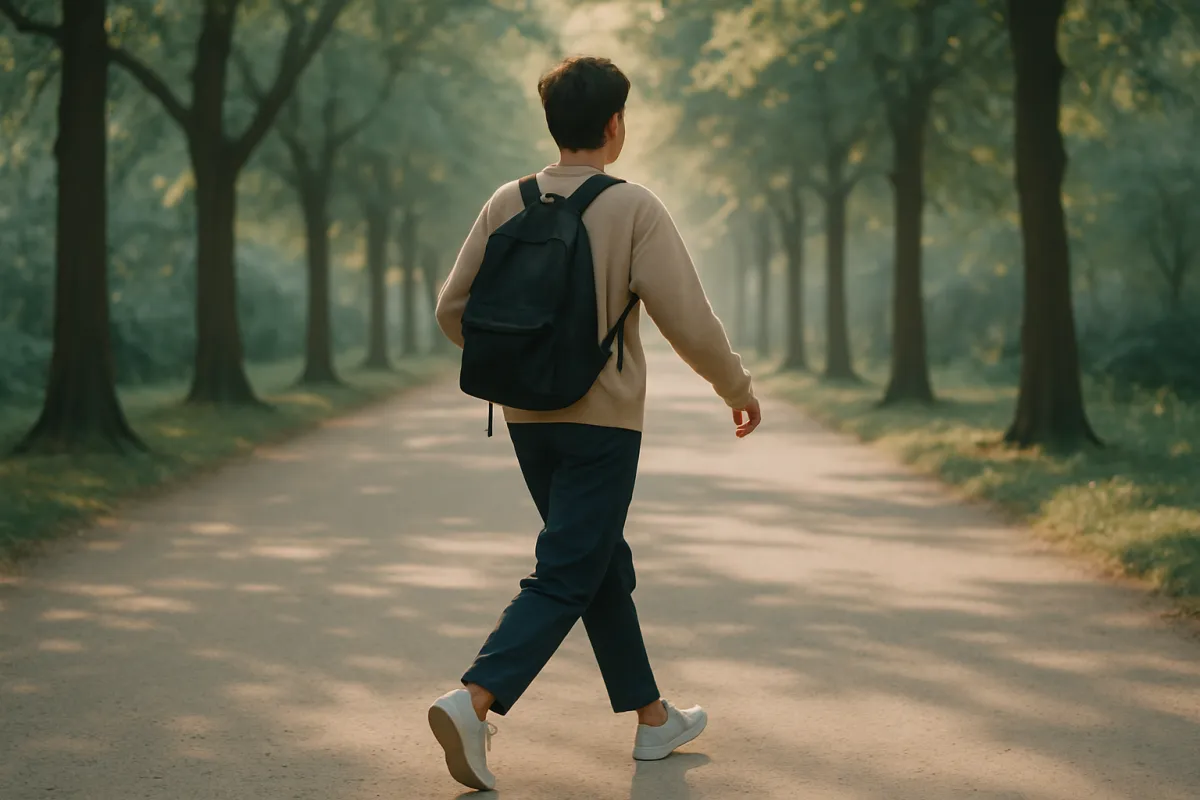 A person walking briskly on a tree-lined path in soft morning light, the kind of everyday movement often paired with a high-fiber diet for regularity