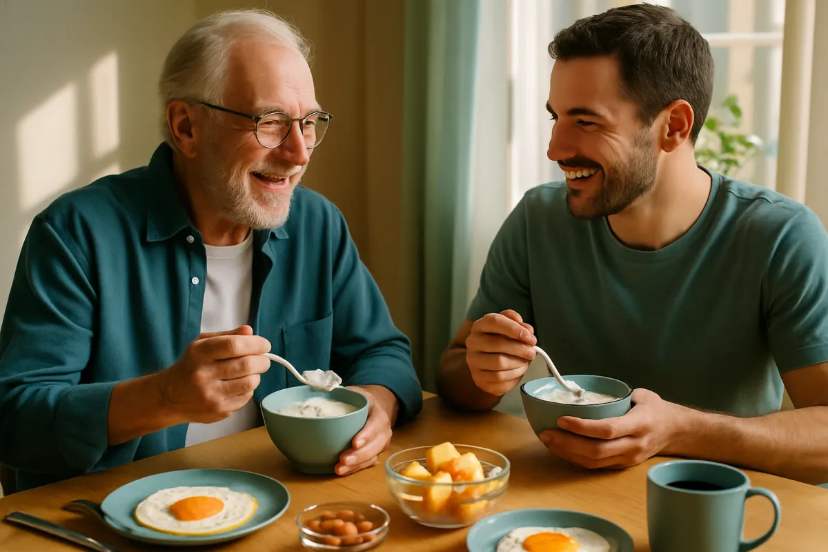 An older adult and a younger adult sharing a healthy breakfast at a sunlit table