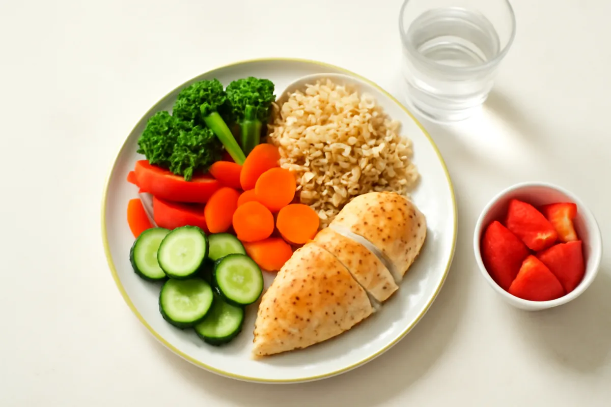 A single balanced dinner plate seen from above on a light table: about half non-starchy vegetables, one quarter a whole-food carbohydrate like brown rice or sweet potato, one quarter a protein, with a small side of fruit and a glass of water