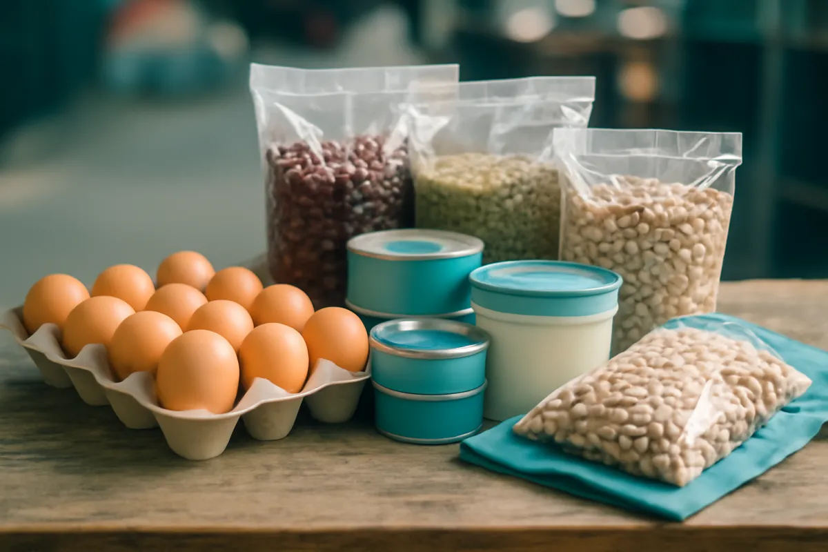 Budget protein staples on a table: a carton of eggs, bags of dried beans and lentils, canned goods, and a tub of yogurt