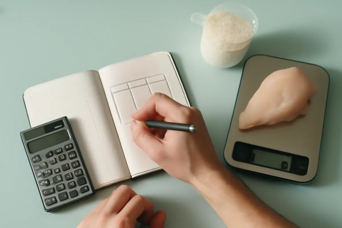 An overhead view of a notebook with hand-drawn columns and blanks for numbers, a pocket calculator, a small kitchen food scale with a chicken breast on it, and a measuring cup of rice