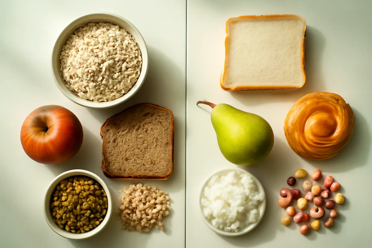 An overhead contrast on a light table of whole-food carbs like brown rice, oats and whole grain bread on one side and refined carbs like white rice, white bread and a pastry on the other