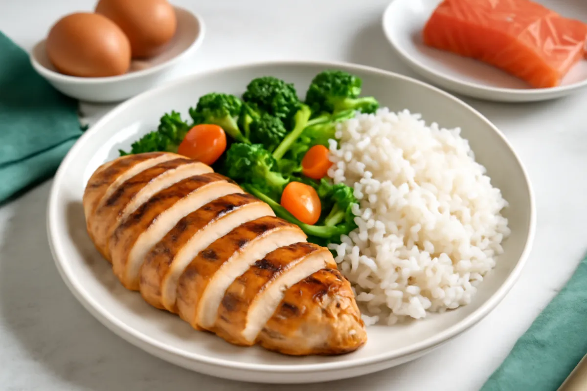 A balanced high-protein plate with sliced grilled chicken breast, steamed vegetables and rice, with eggs and fish in the background