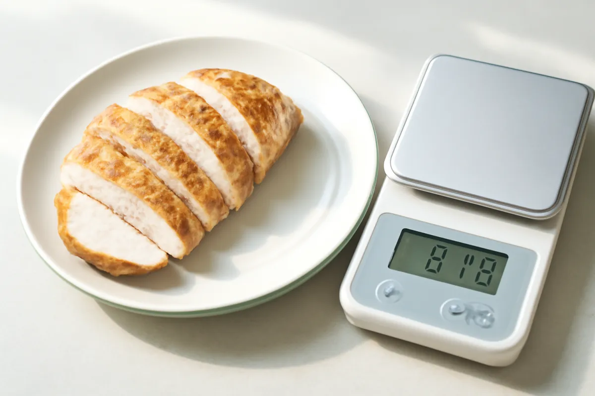 Cooked sliced chicken breast on a white plate beside a small digital kitchen scale
