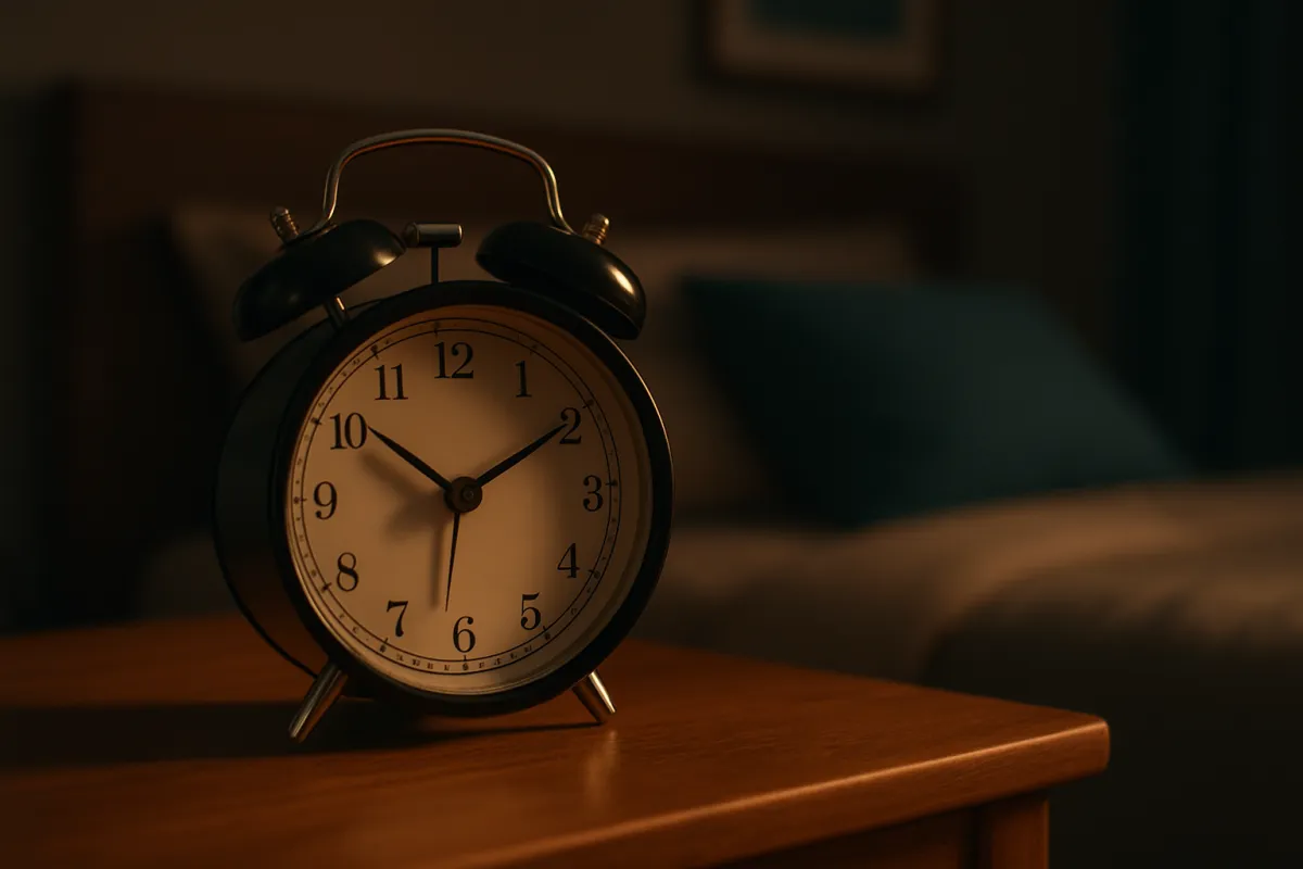 An analog clock on a wooden nightstand in low warm light beside a bed