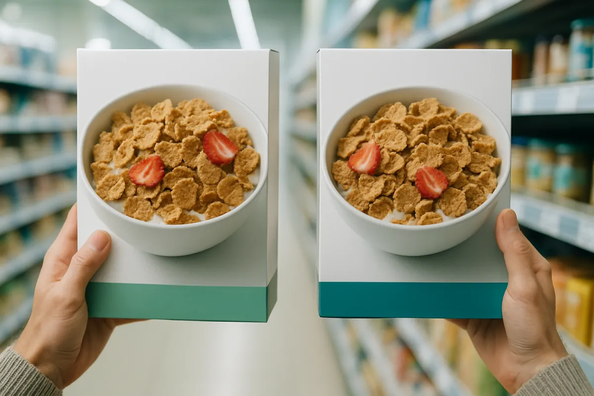 Two similar cereal boxes held side by side in a grocery aisle, ready to be turned over and compared