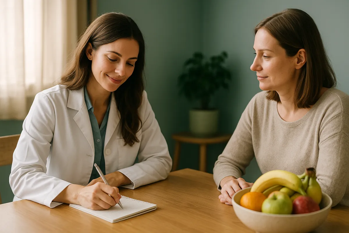 A clinician in a white coat writing notes across a table from a person, with a bowl of fresh food nearby