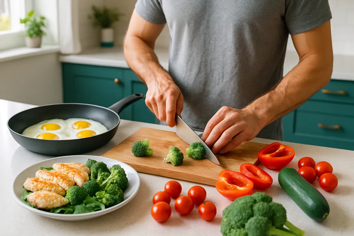 A person chopping broccoli in a bright kitchen beside a pan of eggs and a plate of cooked chicken