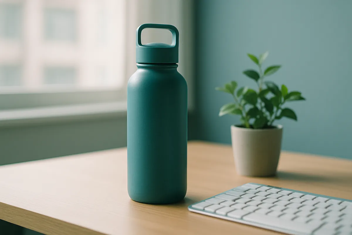 A reusable water bottle on a desk beside a keyboard and a plant, standing in for everyday water measurement