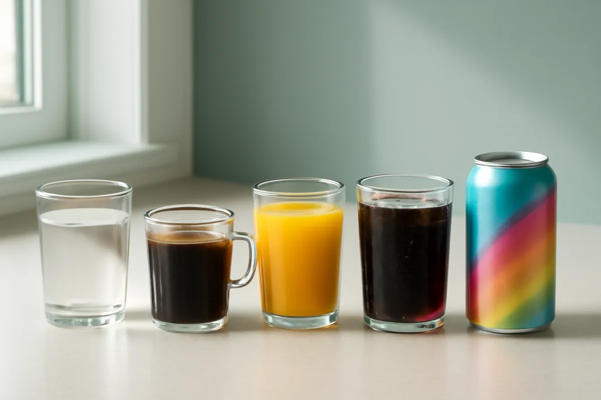 A row of everyday beverages including water, coffee, juice, a dark soda, and a colorful canned drink on a light table