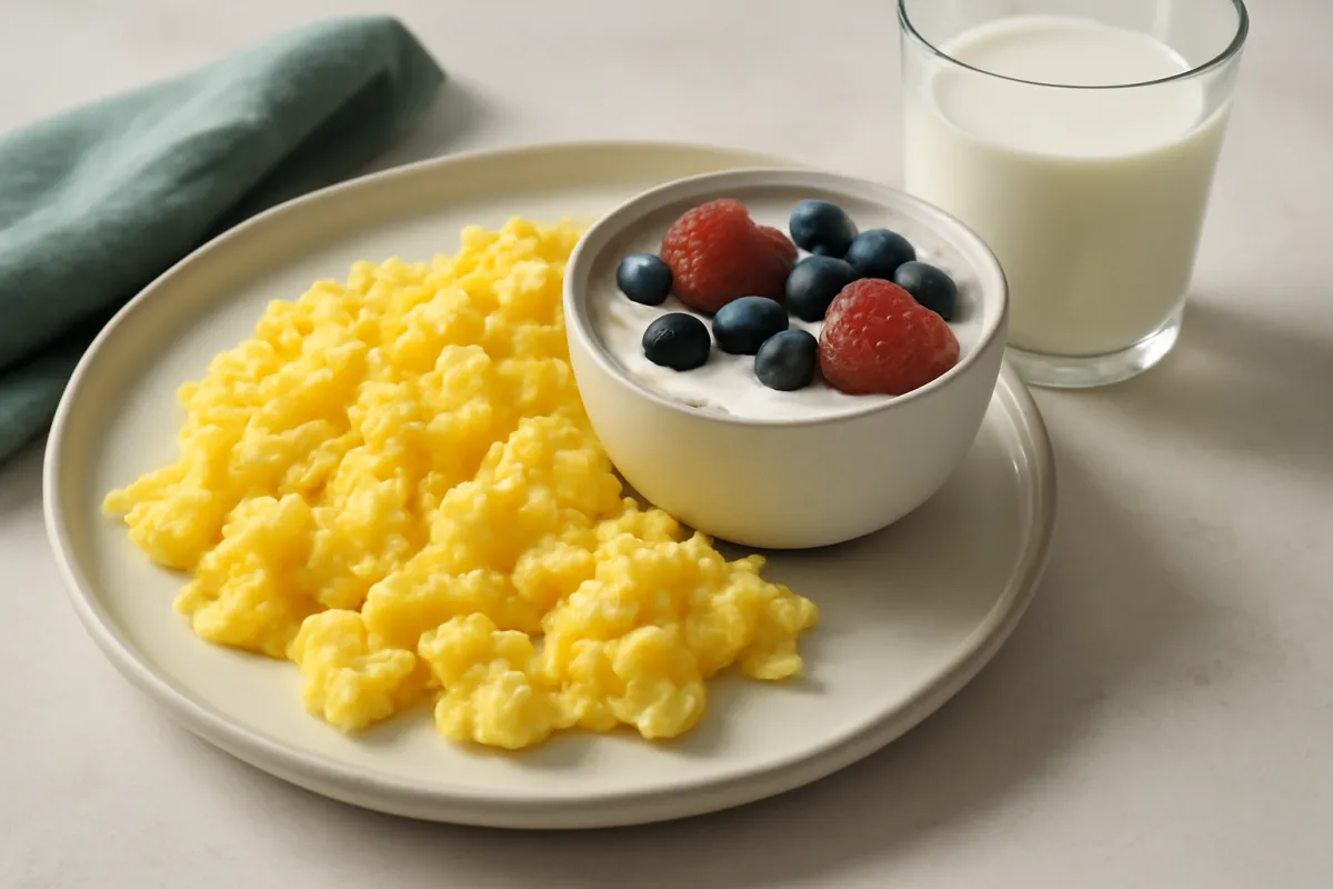 A high-protein breakfast plate with scrambled eggs beside Greek yogurt with berries and a glass of milk on a light table