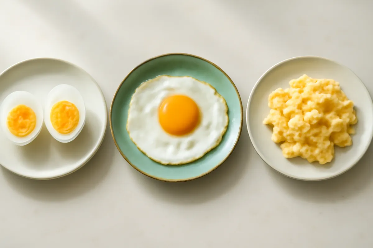 Three plates side by side showing a halved boiled egg, a sunny-side-up fried egg, and soft scrambled eggs on a light counter