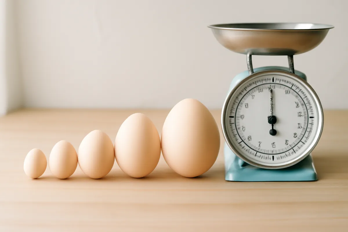 Five eggs lined up on a light wooden surface from smallest to largest beside a dial kitchen scale