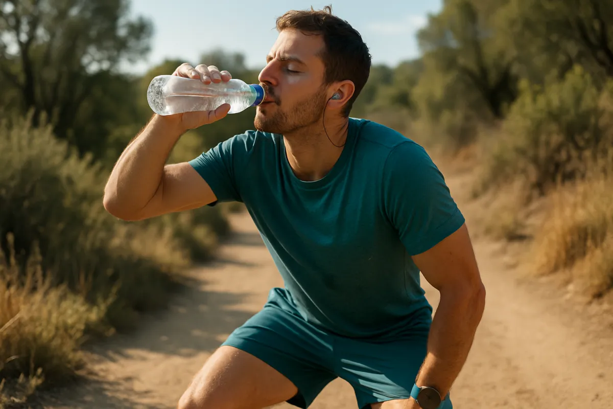 A person pausing to drink from a bottle after exercising outdoors on a trail