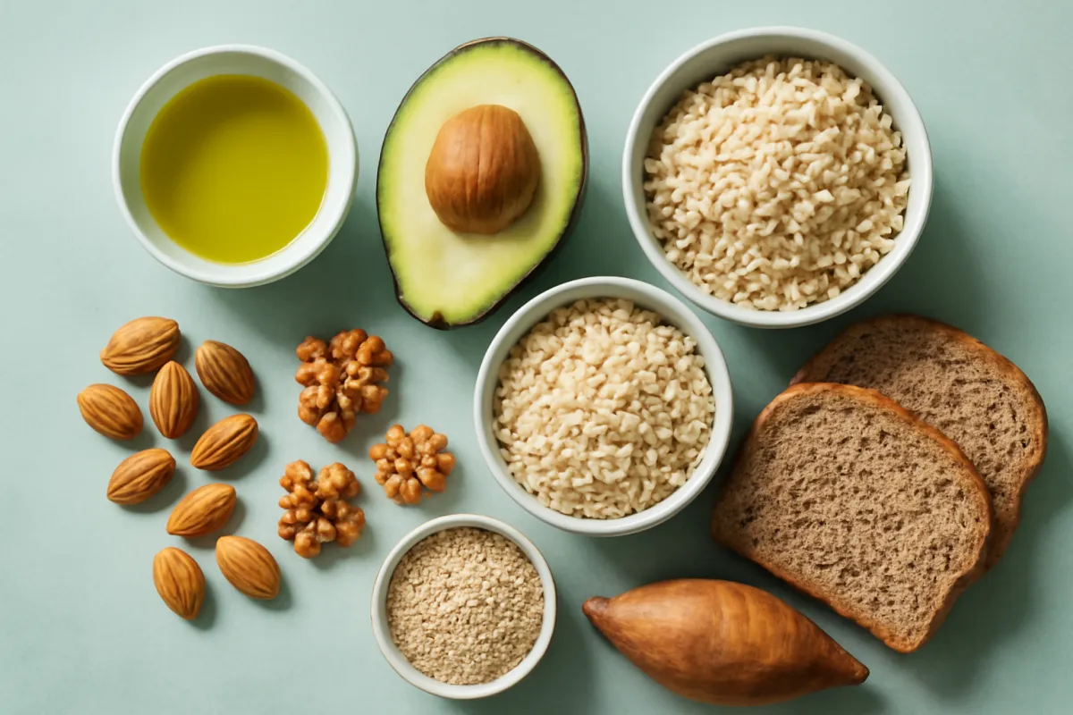 An overhead view of healthy fats and whole carbohydrates side by side: olive oil, avocado, almonds and walnuts, next to bowls of grains, whole grain bread, and a sweet potato