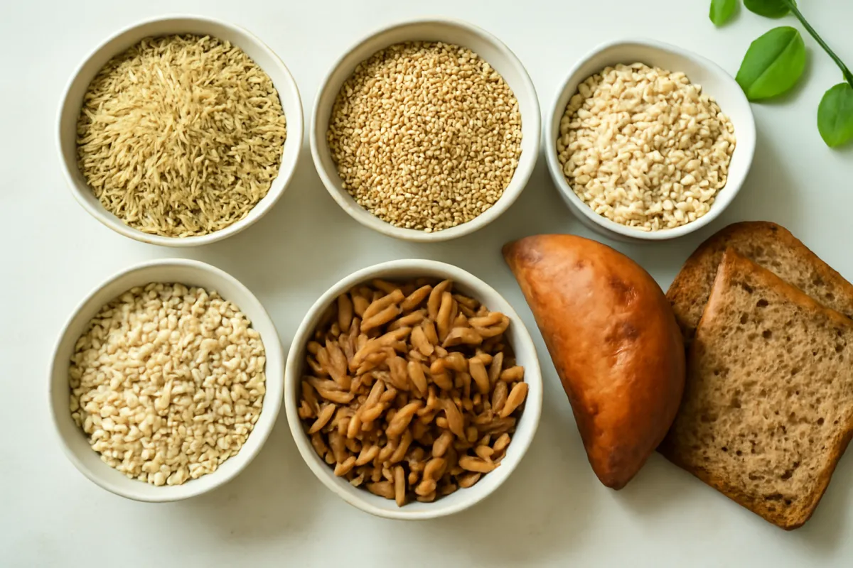 An assortment of whole grains in bowls on a light surface beside whole grain bread and a sweet potato