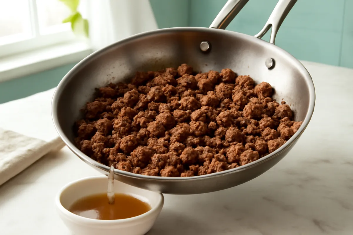 Browned ground beef crumbles in a stainless steel skillet with rendered fat being drained into a small bowl