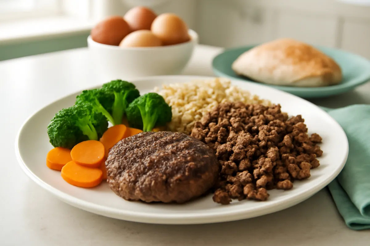 A balanced high-protein plate with a ground beef patty and cooked beef alongside vegetables and rice, with eggs and chicken in the background