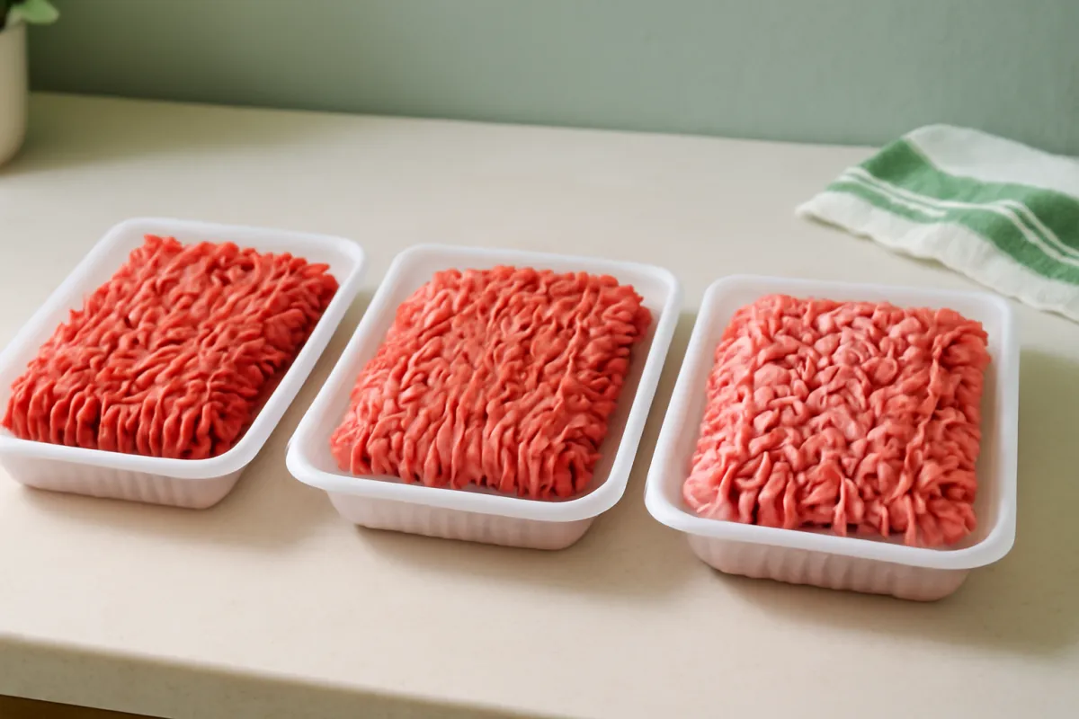 Three portions of raw ground beef side by side showing leaner brighter mince next to fattier marbled mince on a light kitchen counter