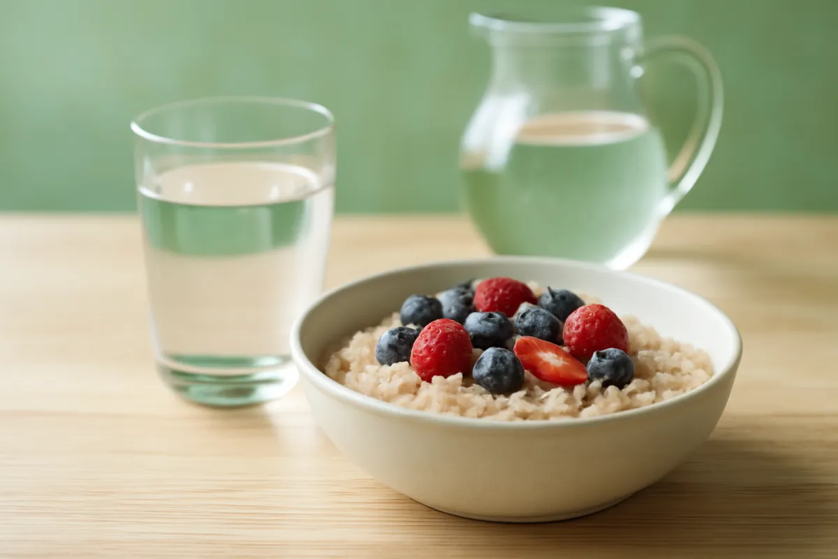 A glass of water beside a bowl of oatmeal topped with berries on a light table with a pitcher of water behind