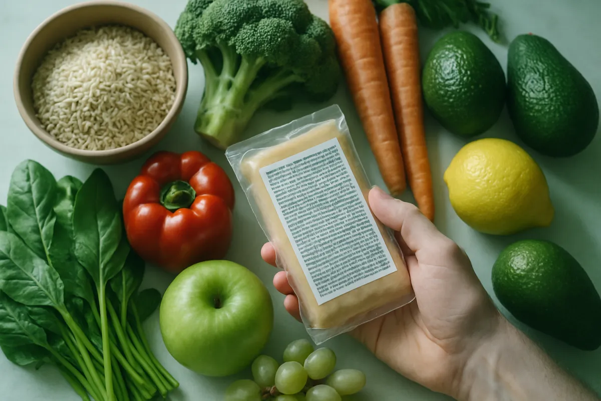 Overhead view of a hand holding a packaged food item next to fresh whole foods on a counter, vegetables fruit and grains, reading the ingredient list